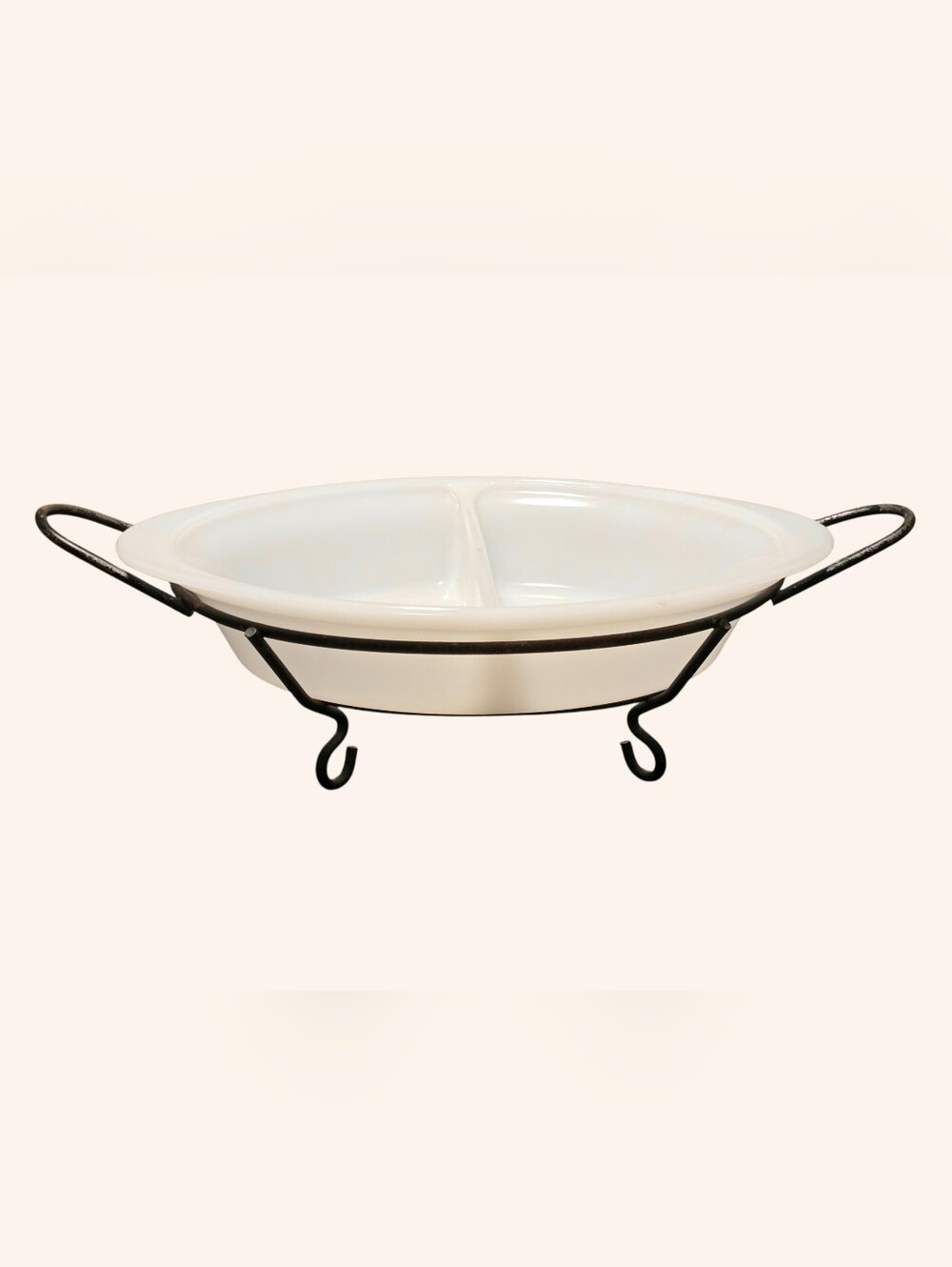 Vintage Glasbake White Milk Glass Divided Oval Casserole Dish J-239 Metal Stand
